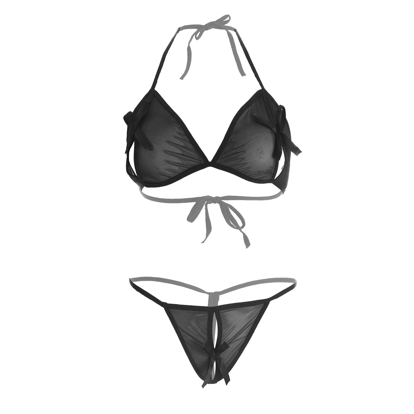 Women’s Minimalist Sheer Mesh Halter Bralette & G-String Set – Elegant Two-Piece Lingerie Ensemble with Modern Keyhole Cut-Out Detail