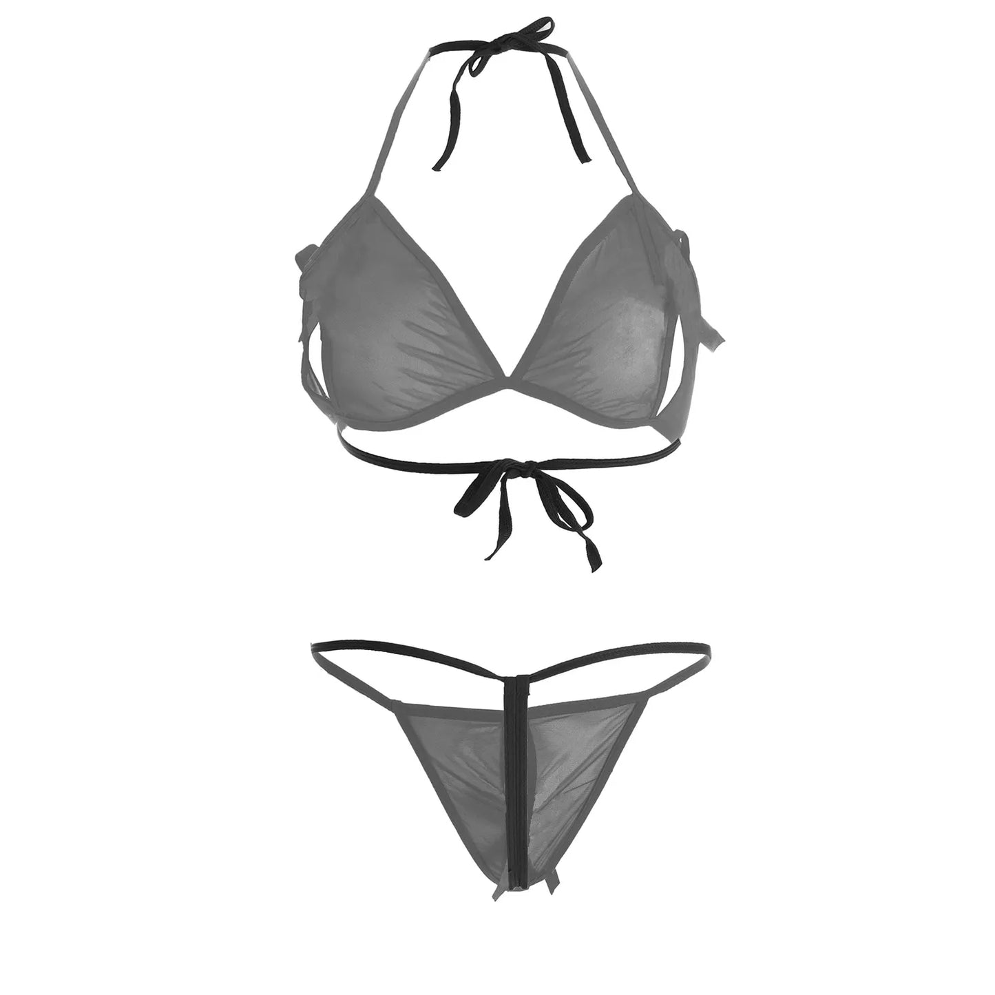 Women’s Minimalist Sheer Mesh Halter Bralette & G-String Set – Elegant Two-Piece Lingerie Ensemble with Modern Keyhole Cut-Out Detail