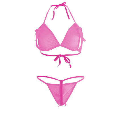 Women’s Minimalist Sheer Mesh Halter Bralette & G-String Set – Elegant Two-Piece Lingerie Ensemble with Modern Keyhole Cut-Out Detail