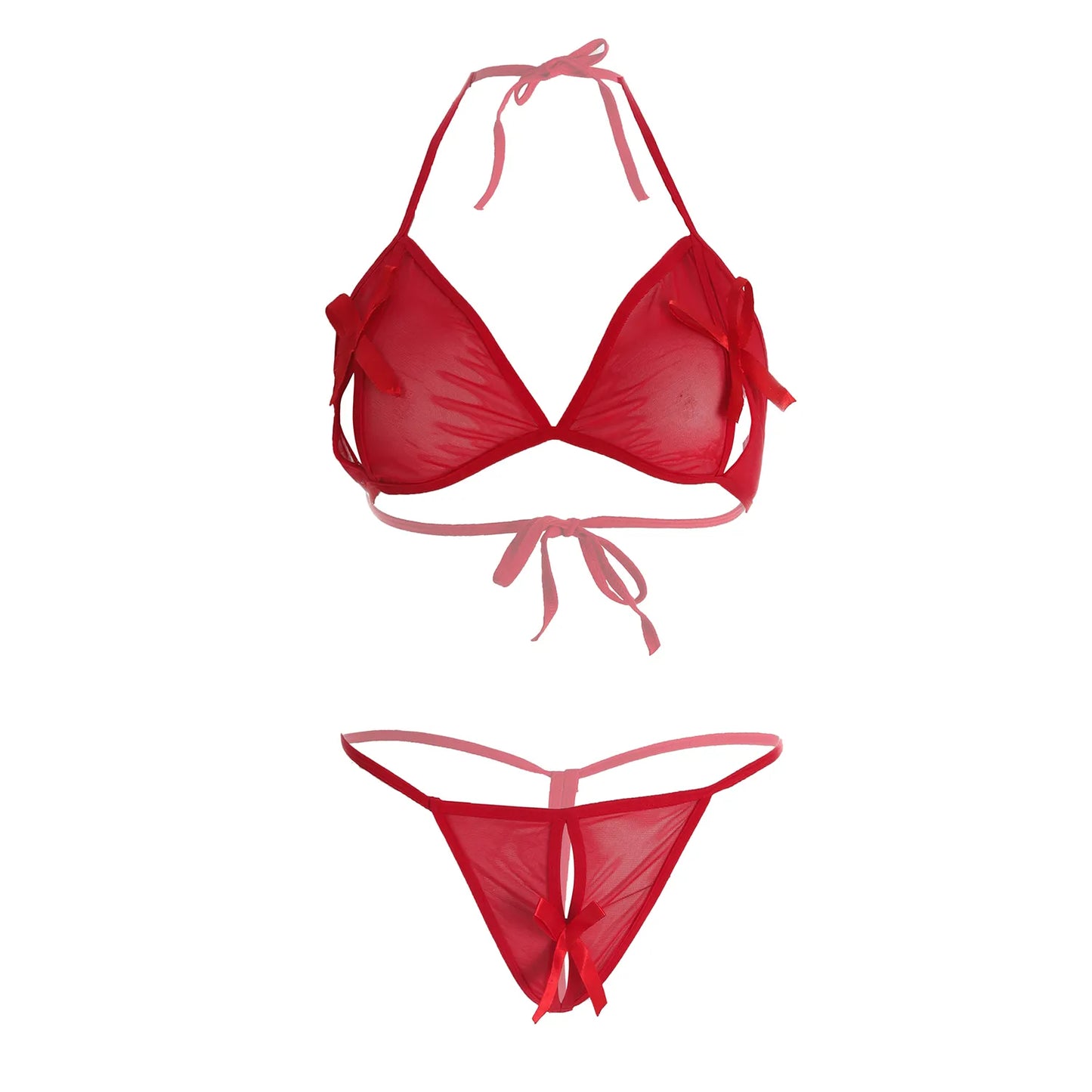 Women’s Minimalist Sheer Mesh Halter Bralette & G-String Set – Elegant Two-Piece Lingerie Ensemble with Modern Keyhole Cut-Out Detail