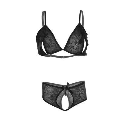 Premium Women’s Noir Floral Lace Triangle Bralette & V-Cut Panty Set – Elegant Two-Piece Lingerie Ensemble with Intricate Embroidery