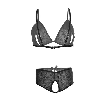 Premium Women’s Noir Floral Lace Triangle Bralette & V-Cut Panty Set – Elegant Two-Piece Lingerie Ensemble with Intricate Embroidery