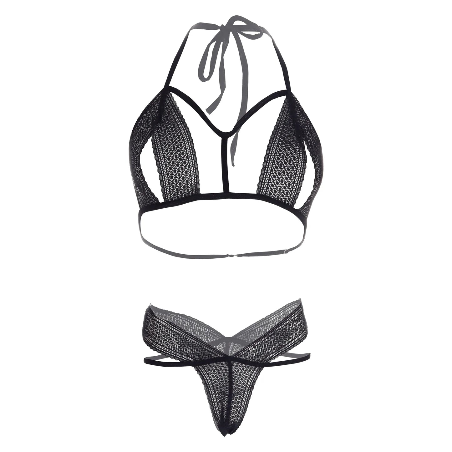 Premium Women’s Noir Floral Lace Cut-Out Bralette & Strappy Panty Set – Provocative Two-Piece Lingerie Ensemble with Modern Harness Detail
