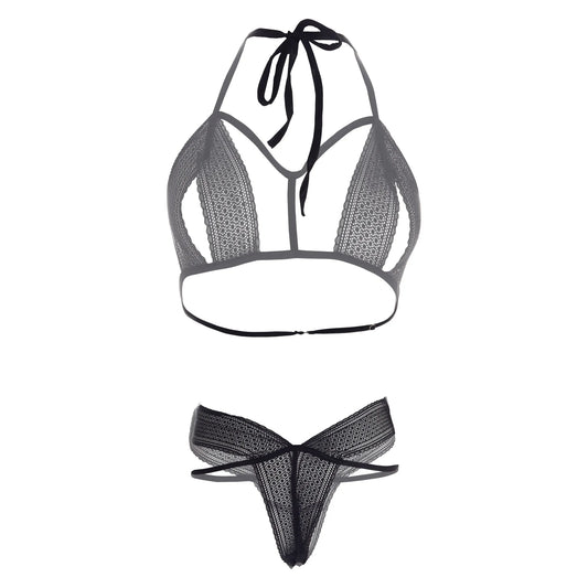 Premium Women’s Noir Floral Lace Cut-Out Bralette & Strappy Panty Set – Provocative Two-Piece Lingerie Ensemble with Modern Harness Detail