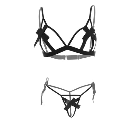 Women Strappy Lingerie Set Cutout Bralette and Tie-Up Thong Panty with Stockings Soft Stretch Designer Innerwear for Women
