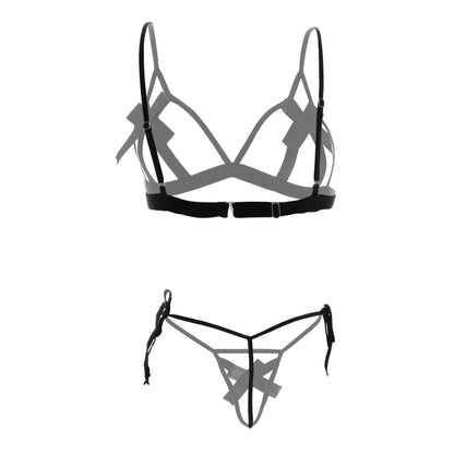 Women Strappy Lingerie Set Cutout Bralette and Tie-Up Thong Panty with Stockings Soft Stretch Designer Innerwear for Women
