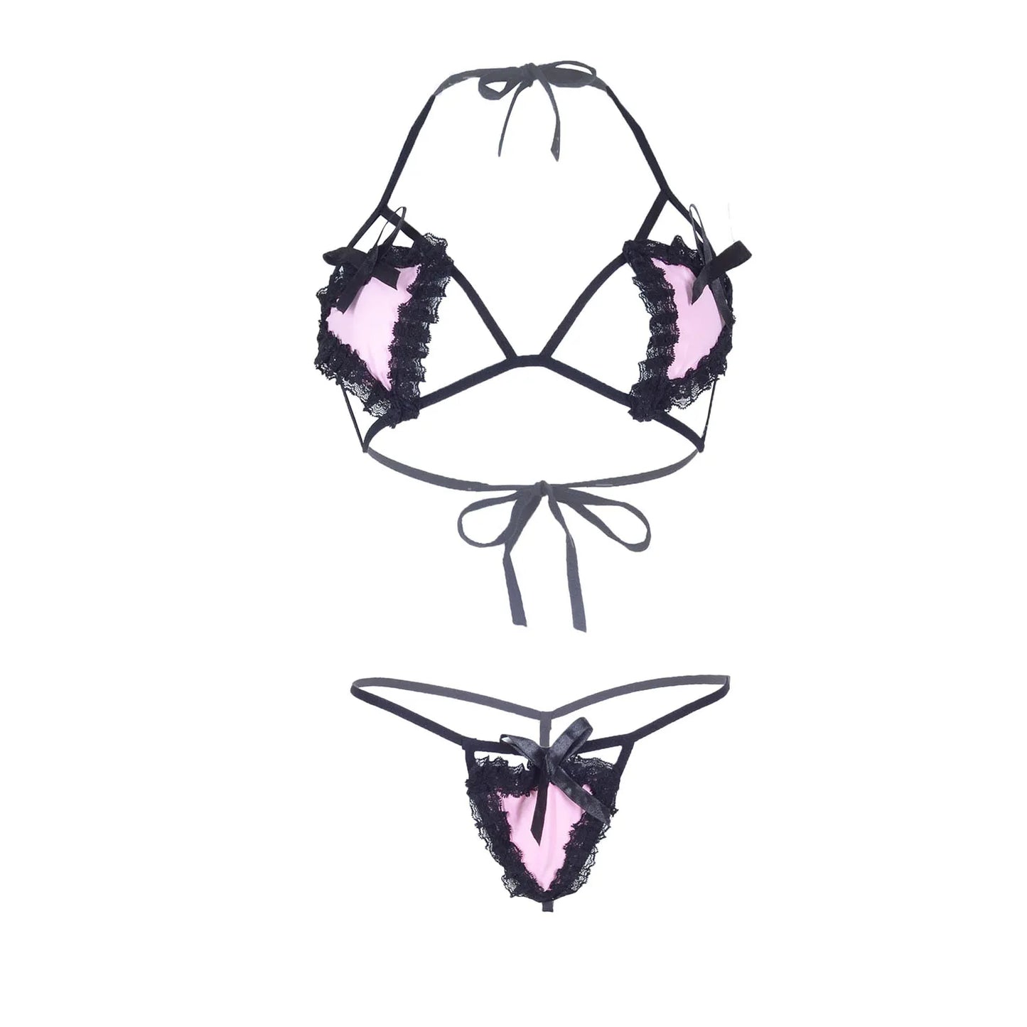 Premium Women’s Noir & Petal Pink Heart-Appliqué Bralette Set – Charming Two-Piece Lingerie Ensemble with Modern Strappy Frame