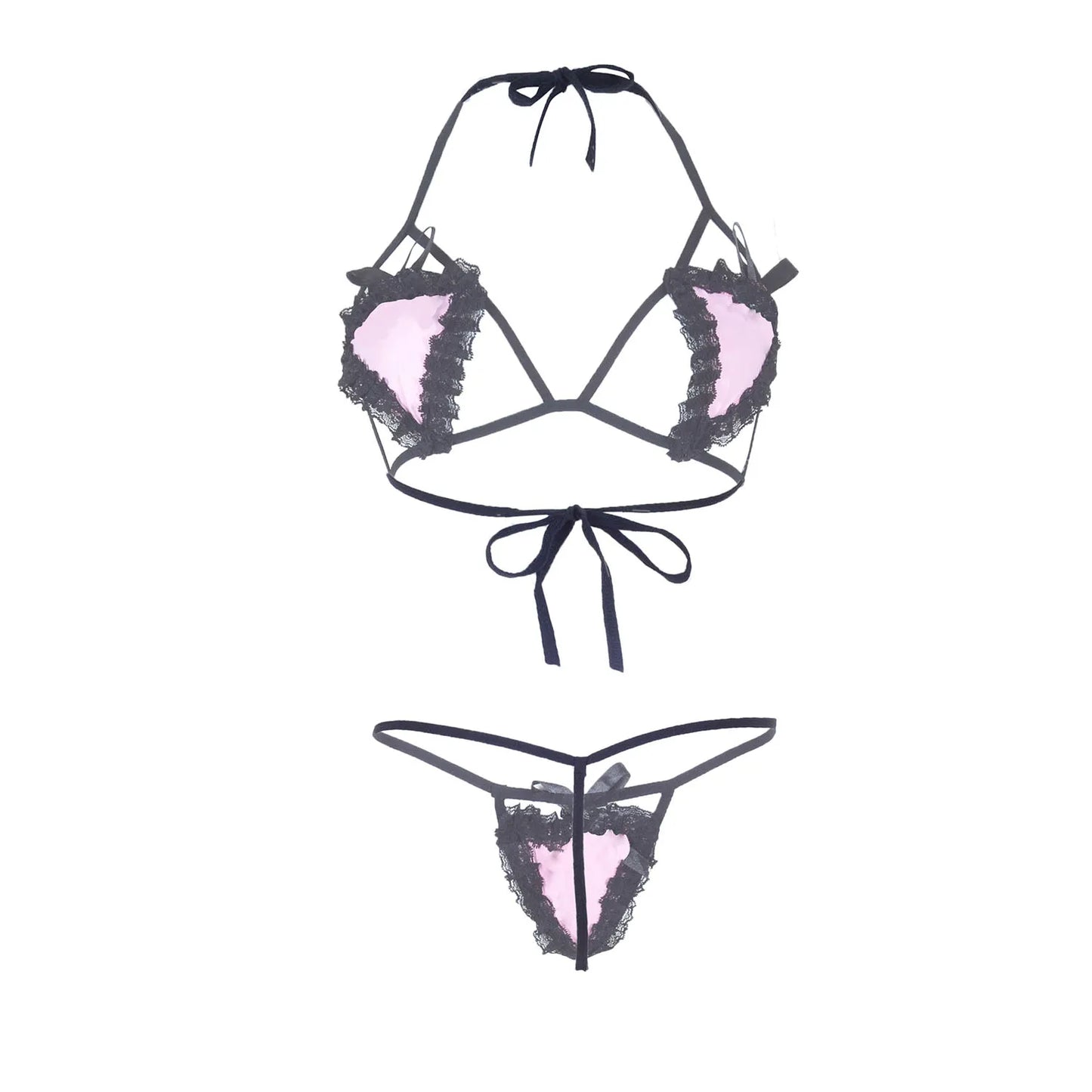 Premium Women’s Noir & Petal Pink Heart-Appliqué Bralette Set – Charming Two-Piece Lingerie Ensemble with Modern Strappy Frame