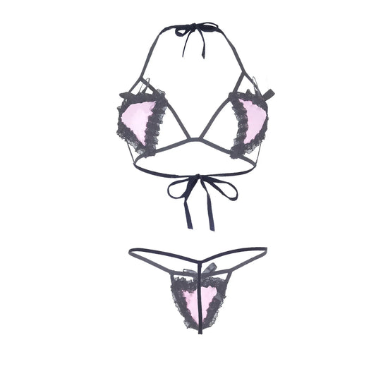 Premium Women’s Noir & Petal Pink Heart-Appliqué Bralette Set – Charming Two-Piece Lingerie Ensemble with Modern Strappy Frame