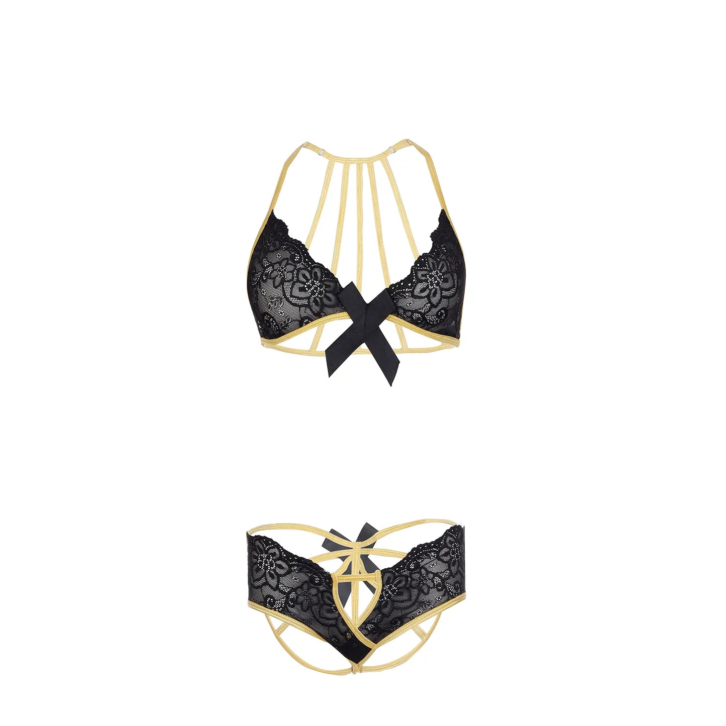 Premium Women’s Floral Lace Halter Bralette & Panty Set – Elegant Two-Piece Lingerie Ensemble with Gilded Gold-Trim Detailing