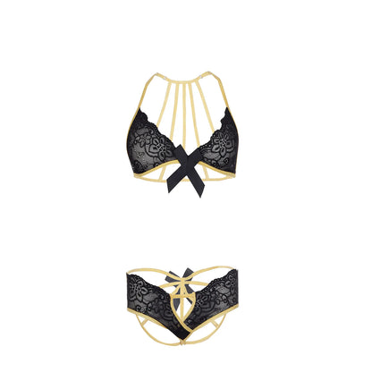 Premium Women’s Floral Lace Halter Bralette & Panty Set – Elegant Two-Piece Lingerie Ensemble with Gilded Gold-Trim Detailing