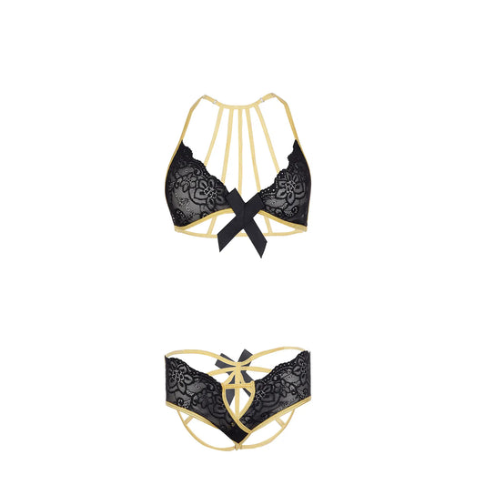 Premium Women’s Floral Lace Halter Bralette & Panty Set – Elegant Two-Piece Lingerie Ensemble with Gilded Gold-Trim Detailing