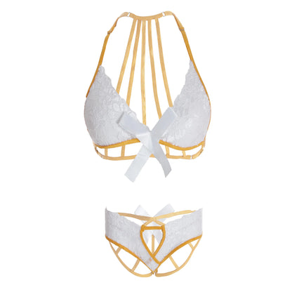Premium Women’s Floral Lace Halter Bralette & Panty Set – Elegant Two-Piece Lingerie Ensemble with Gilded Gold-Trim Detailing