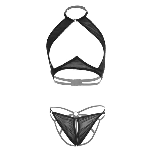 Premium Women’s Sheer Mesh Halter Bralette & Keyhole Panty Set – Modern Two-Piece Lingerie Ensemble with Provocative Under-Bust Cut-Out