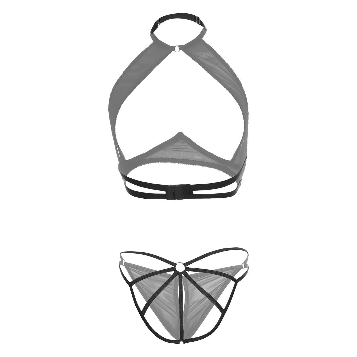 Premium Women’s Sheer Mesh Halter Bralette & Keyhole Panty Set – Modern Two-Piece Lingerie Ensemble with Provocative Under-Bust Cut-Out