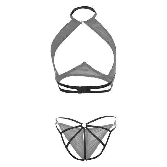 Premium Women’s Sheer Mesh Halter Bralette & Keyhole Panty Set – Modern Two-Piece Lingerie Ensemble with Provocative Under-Bust Cut-Out
