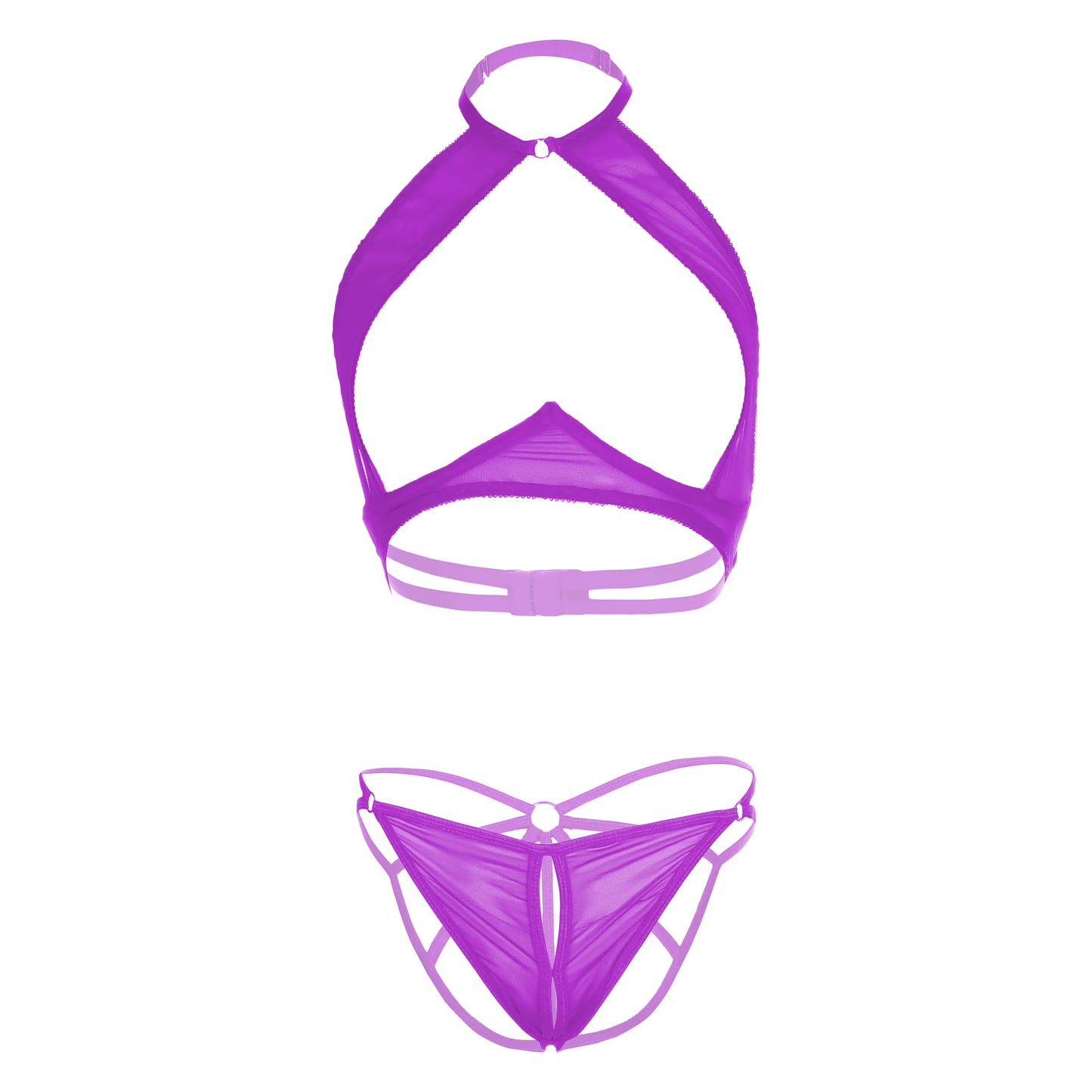 Premium Women’s Sheer Mesh Halter Bralette & Keyhole Panty Set – Modern Two-Piece Lingerie Ensemble with Provocative Under-Bust Cut-Out