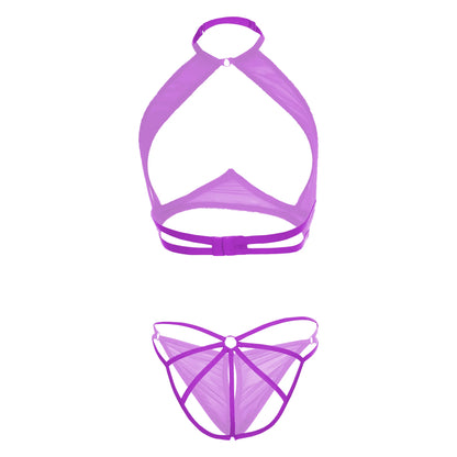 Premium Women’s Sheer Mesh Halter Bralette & Keyhole Panty Set – Modern Two-Piece Lingerie Ensemble with Provocative Under-Bust Cut-Out