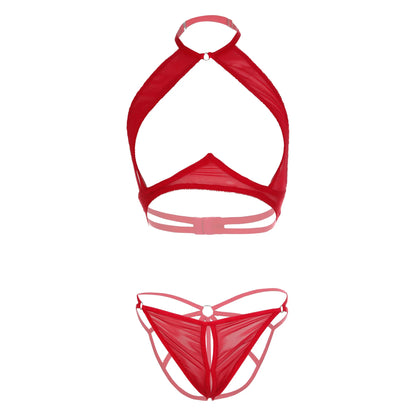 Premium Women’s Sheer Mesh Halter Bralette & Keyhole Panty Set – Modern Two-Piece Lingerie Ensemble with Provocative Under-Bust Cut-Out