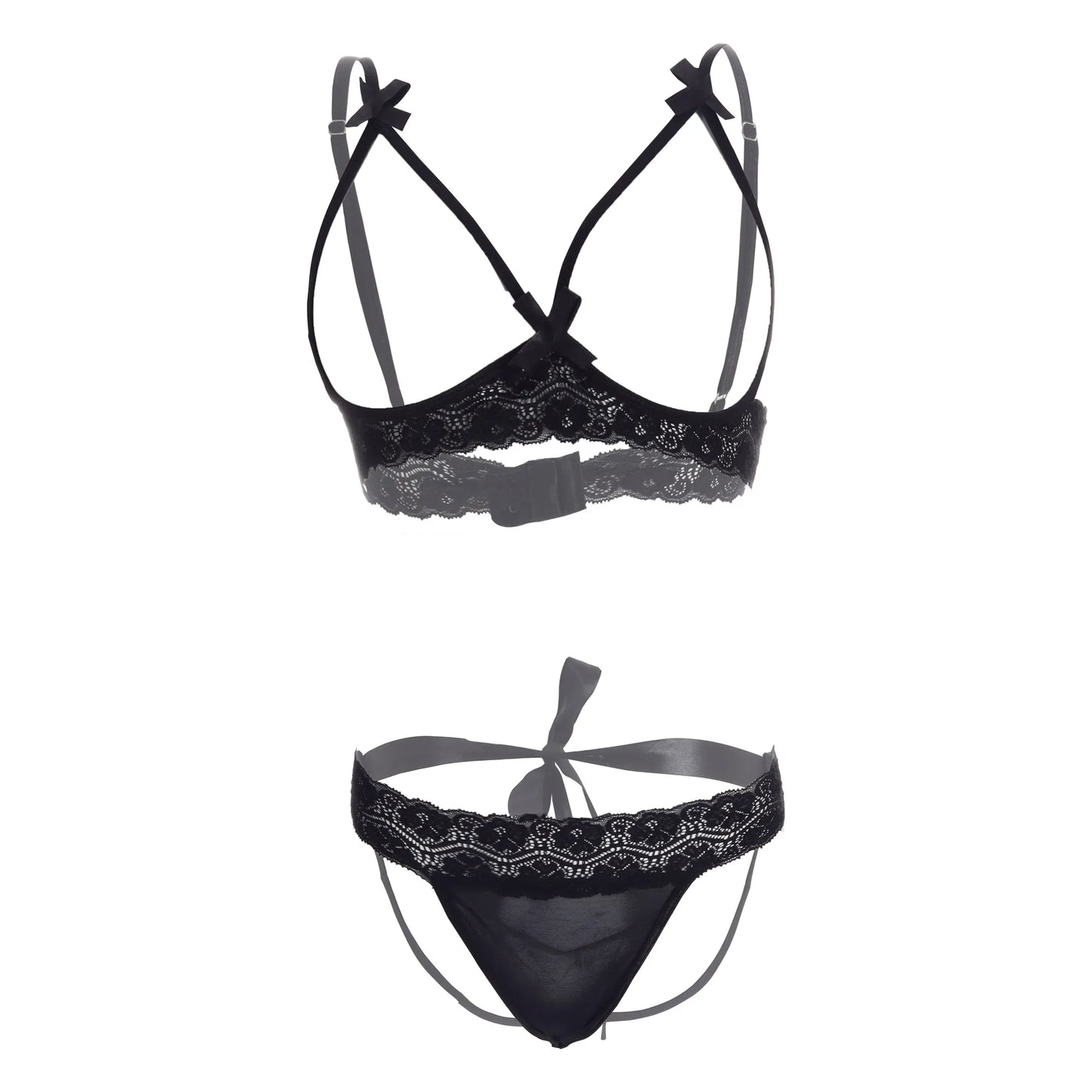 Premium Women’s Framed Open-Cup Bralette & Lace Panty Set – Provocative Two-Piece Lingerie Ensemble with Dainty Ribbon Accents