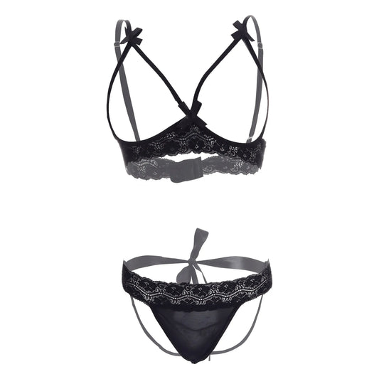 Premium Women’s Framed Open-Cup Bralette & Lace Panty Set – Provocative Two-Piece Lingerie Ensemble with Dainty Ribbon Accents