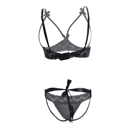 Premium Women’s Framed Open-Cup Bralette & Lace Panty Set – Provocative Two-Piece Lingerie Ensemble with Dainty Ribbon Accents
