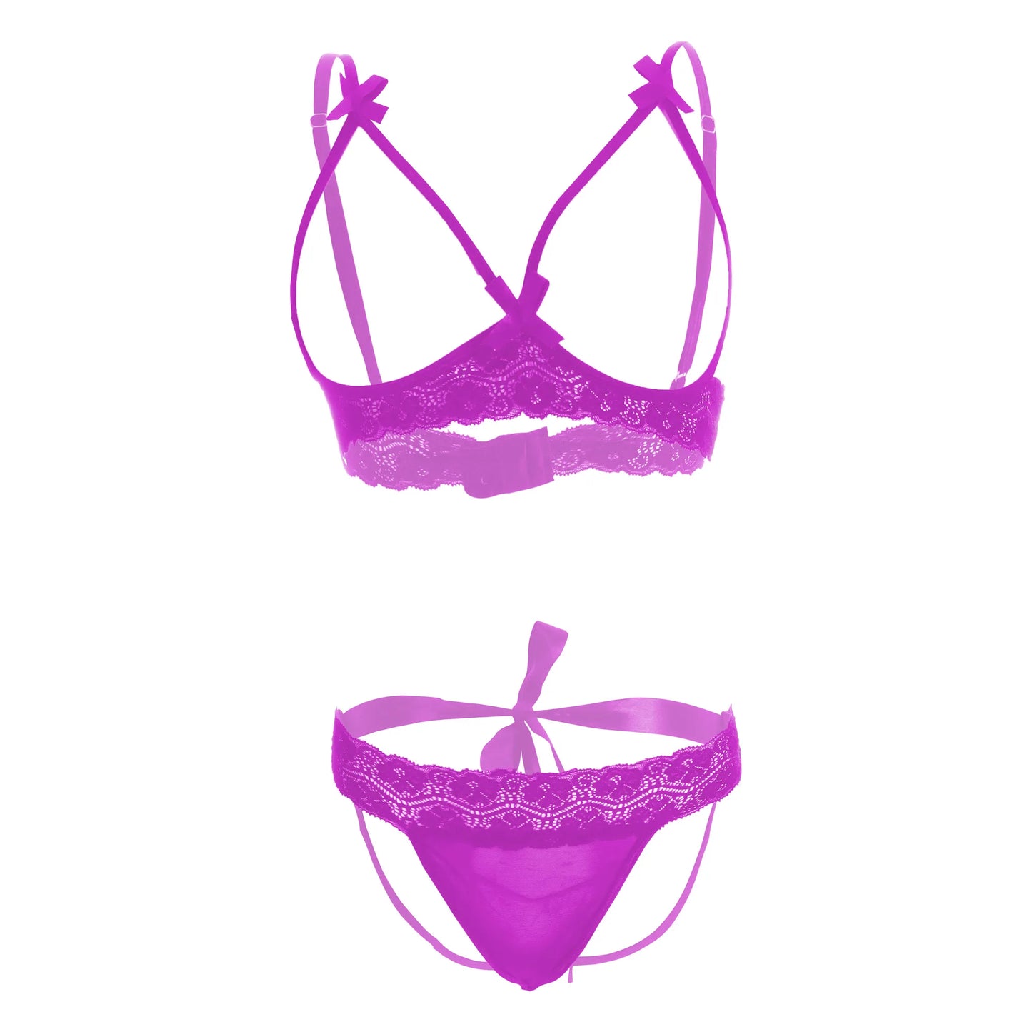 Premium Women’s Framed Open-Cup Bralette & Lace Panty Set – Provocative Two-Piece Lingerie Ensemble with Dainty Ribbon Accents