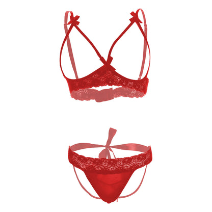 Premium Women’s Framed Open-Cup Bralette & Lace Panty Set – Provocative Two-Piece Lingerie Ensemble with Dainty Ribbon Accents