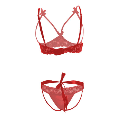 Premium Women’s Framed Open-Cup Bralette & Lace Panty Set – Provocative Two-Piece Lingerie Ensemble with Dainty Ribbon Accents