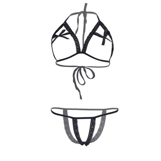 Premium Women’s Lace-Trimmed Framed Open-Cup Bralette & Minimalist Thong Set – Provocative Two-Piece Lingerie Ensemble with Modern Structural Lines
