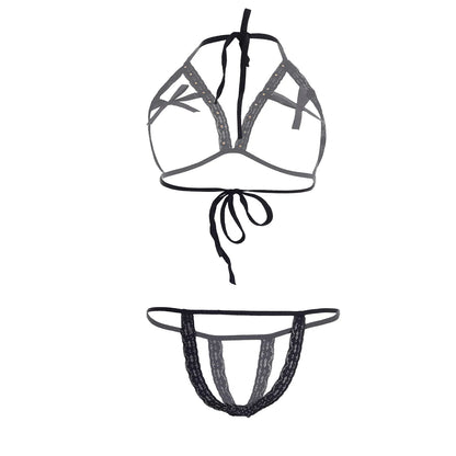 Premium Women’s Lace-Trimmed Framed Open-Cup Bralette & Minimalist Thong Set – Provocative Two-Piece Lingerie Ensemble with Modern Structural Lines