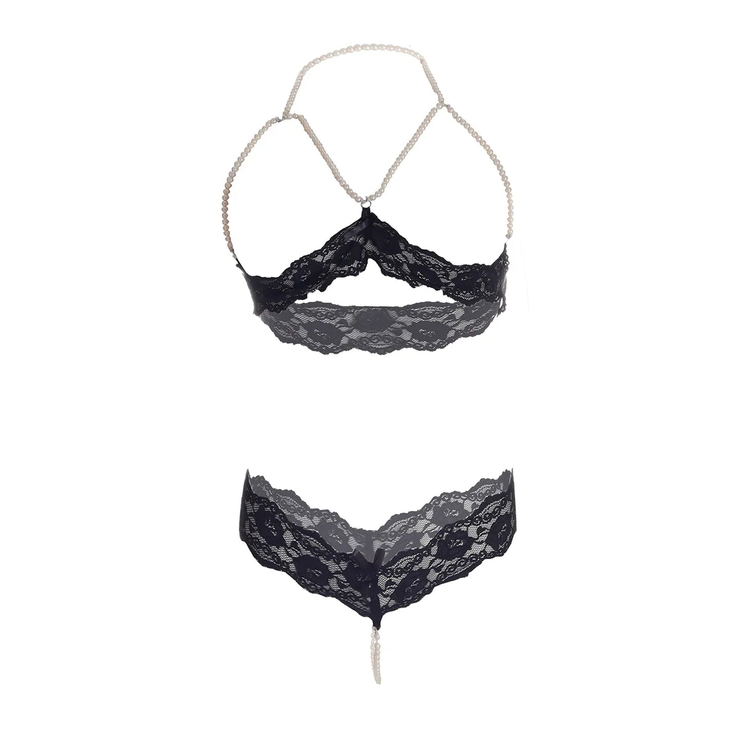 Premium Women’s Lace & Lustrous Pearl Bralette Set – Opulent Two-Piece Lingerie Ensemble with Open-Bust Design & Satin Accents
