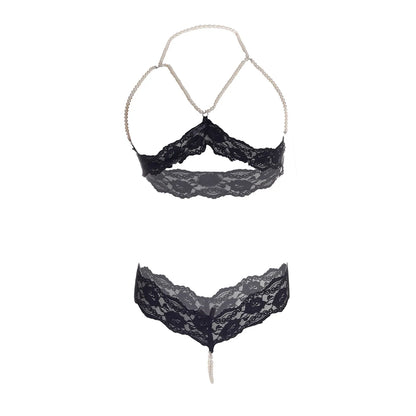 Premium Women’s Lace & Lustrous Pearl Bralette Set – Opulent Two-Piece Lingerie Ensemble with Open-Bust Design & Satin Accents