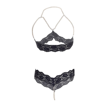 Premium Women’s Lace & Lustrous Pearl Bralette Set – Opulent Two-Piece Lingerie Ensemble with Open-Bust Design & Satin Accents