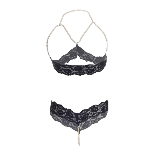 Premium Women’s Lace & Lustrous Pearl Bralette Set – Opulent Two-Piece Lingerie Ensemble with Open-Bust Design & Satin Accents
