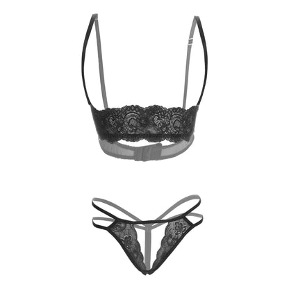 Premium Women’s Floral Lace Shelf Bralette & Multi-Strap Thong Set – Elegant Two-Piece Lingerie Ensemble with Quarter-Cup Design