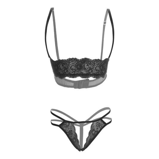 Premium Women’s Floral Lace Shelf Bralette & Multi-Strap Thong Set – Elegant Two-Piece Lingerie Ensemble with Quarter-Cup Design