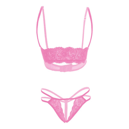 Premium Women’s Floral Lace Shelf Bralette & Multi-Strap Thong Set – Elegant Two-Piece Lingerie Ensemble with Quarter-Cup Design