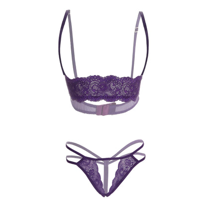 Premium Women’s Floral Lace Shelf Bralette & Multi-Strap Thong Set – Elegant Two-Piece Lingerie Ensemble with Quarter-Cup Design