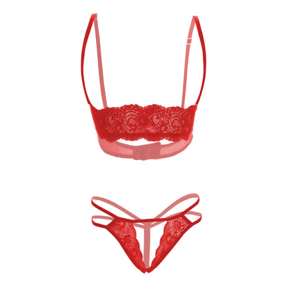 Premium Women’s Floral Lace Shelf Bralette & Multi-Strap Thong Set – Elegant Two-Piece Lingerie Ensemble with Quarter-Cup Design
