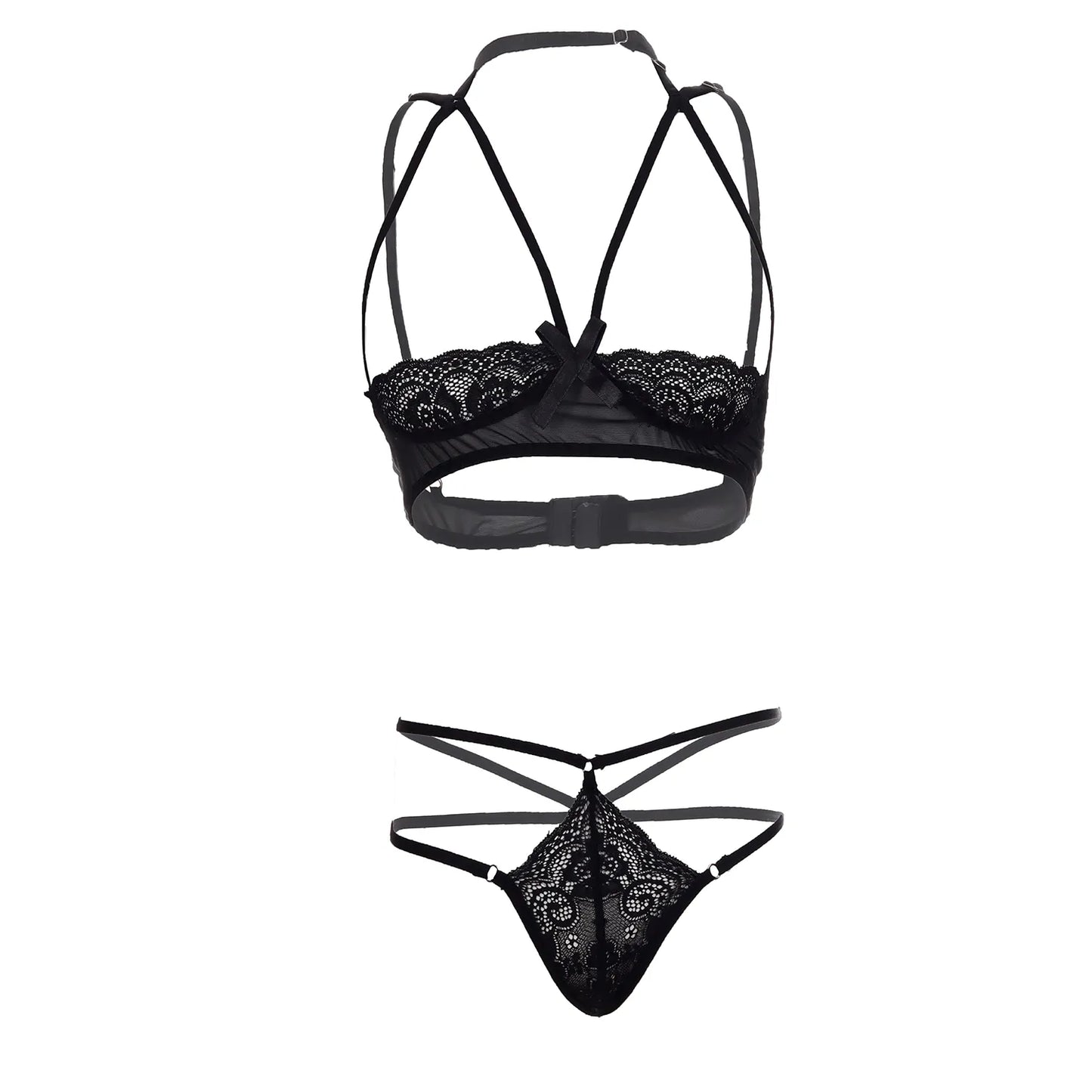 Premium Women’s Floral Lace Framed Open-Cup Bralette & Multi-Strap Thong Set – Provocative Two-Piece Lingerie Ensemble with Modern Harness Detail