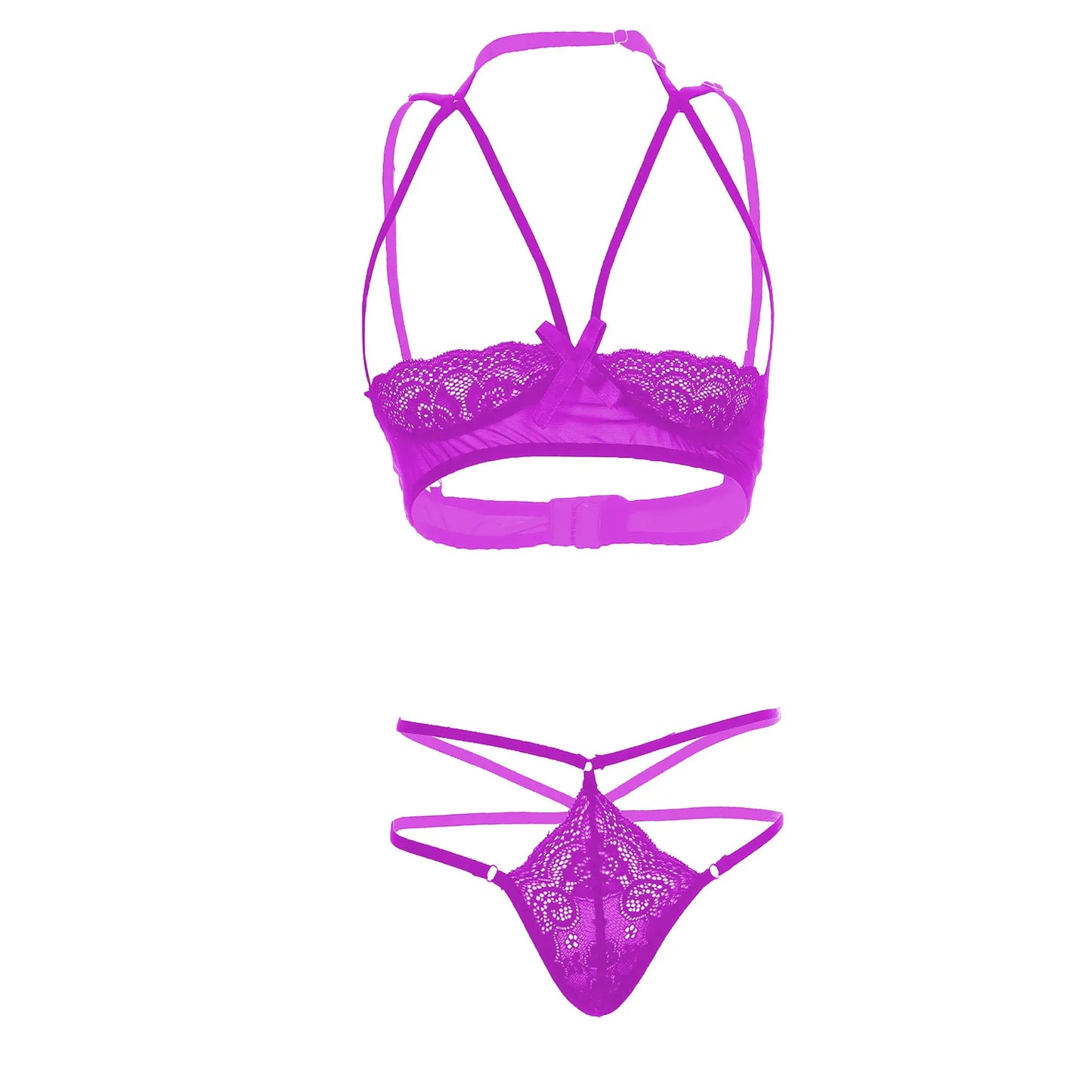 Premium Women’s Floral Lace Framed Open-Cup Bralette & Multi-Strap Thong Set – Provocative Two-Piece Lingerie Ensemble with Modern Harness Detail