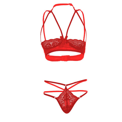 Premium Women’s Floral Lace Framed Open-Cup Bralette & Multi-Strap Thong Set – Provocative Two-Piece Lingerie Ensemble with Modern Harness Detail