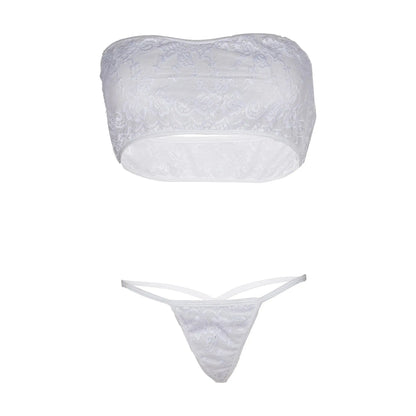 Premium Women’s Ethereal White Floral Lace Bandeau & Minimalist G-String Set – Elegant Two-Piece Bridal Lingerie Ensemble with Strapless Silhouette