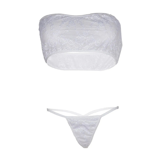 Premium Women’s Ethereal White Floral Lace Bandeau & Minimalist G-String Set – Elegant Two-Piece Bridal Lingerie Ensemble with Strapless Silhouette