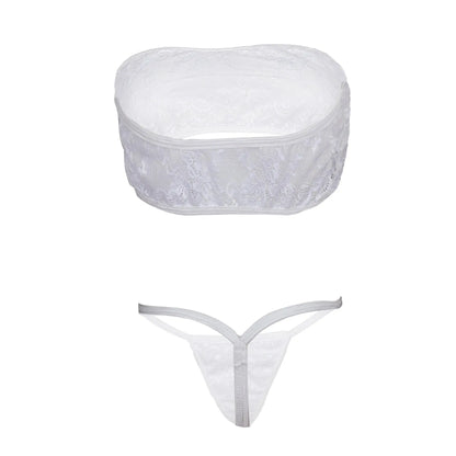 Premium Women’s Ethereal White Floral Lace Bandeau & Minimalist G-String Set – Elegant Two-Piece Bridal Lingerie Ensemble with Strapless Silhouette