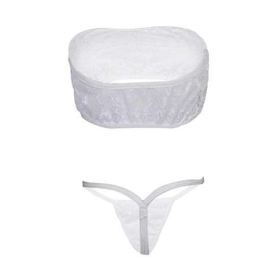 Premium Women’s Ethereal White Floral Lace Bandeau & Minimalist G-String Set – Elegant Two-Piece Bridal Lingerie Ensemble with Strapless Silhouette