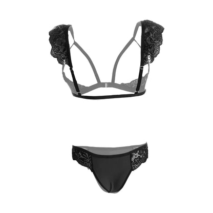 Premium Women’s Floral Lace Cap-Sleeve Bralette & Panty Set – Romantic Two-Piece Lingerie Ensemble with Open-Bust Architectural Design