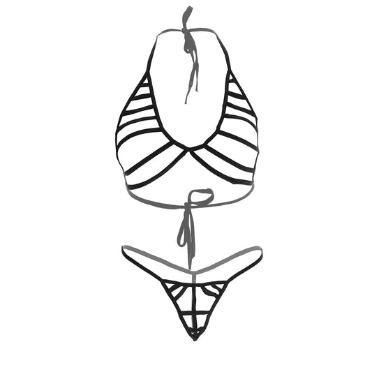 Premium Women’s Geometric Strappy Bralette & Cage Thong Set – Contemporary Two-Piece Lingerie Ensemble with Multi-Band Architectural Design