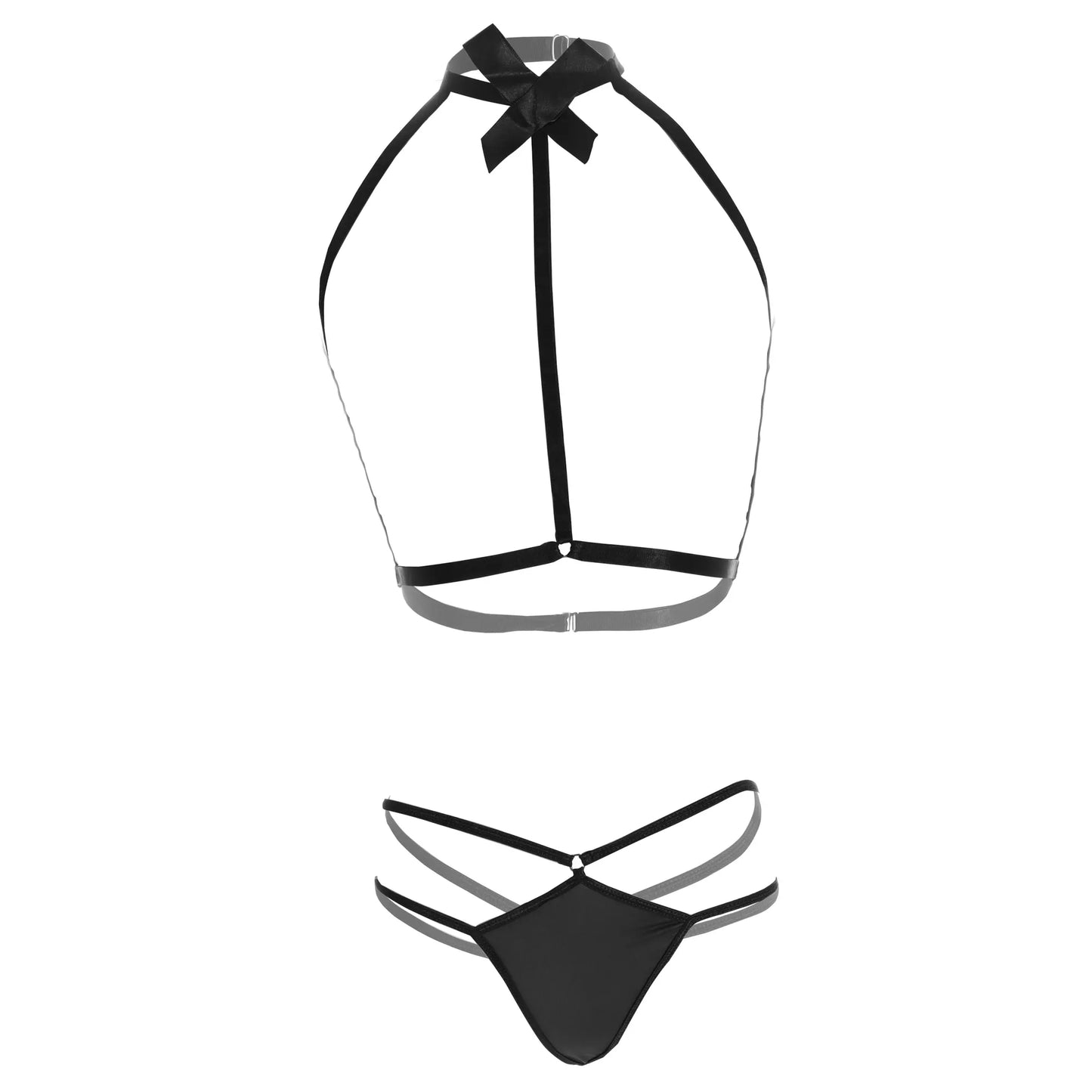 Premium Women’s Halter Open-Cup Bralette & Strappy Panty Set – Bold Two-Piece Lingerie Ensemble with Oversized Satin Bow & Architectural Frame